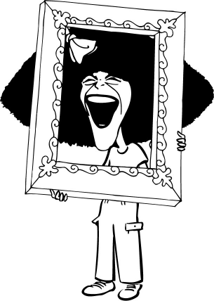 Gilda character looking through frame